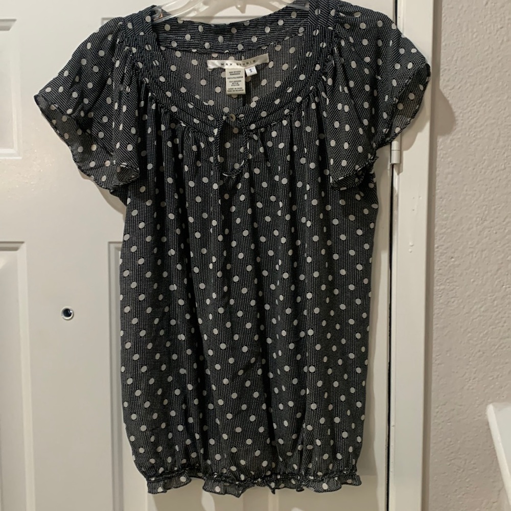 MAX STUDIO Black/Cream Baby Doll Short Sleeve Ruffled Blouse Small